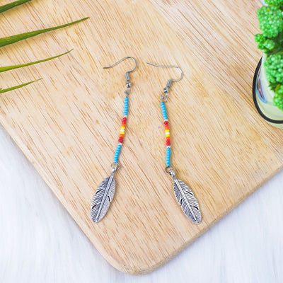 SALE 30% OFF - Black Stick with Metal Feather Beaded Handmade Earrings For Women