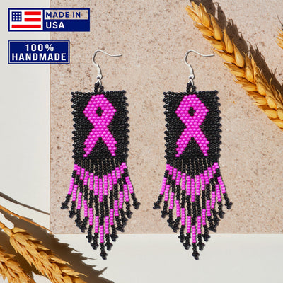 SALE 30% OFF - Black Pink Breast Cancer Awareness Beaded Handmade Earrings For Women