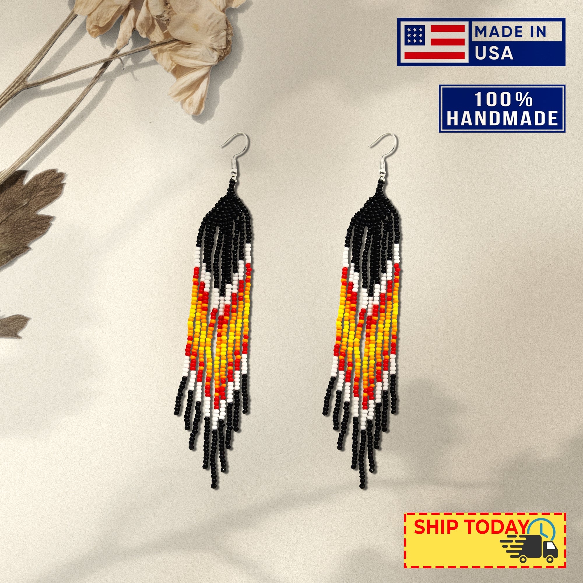 SALE 30% OFF - Black Orange Yellow Beaded Handmade Earrings For Women