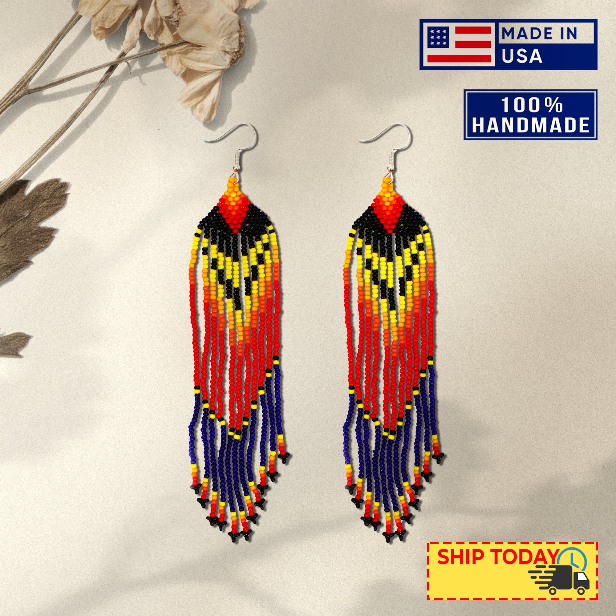 SALE 30% OFF - Blue Red Ethnic Beaded Handmade Earrings For Women