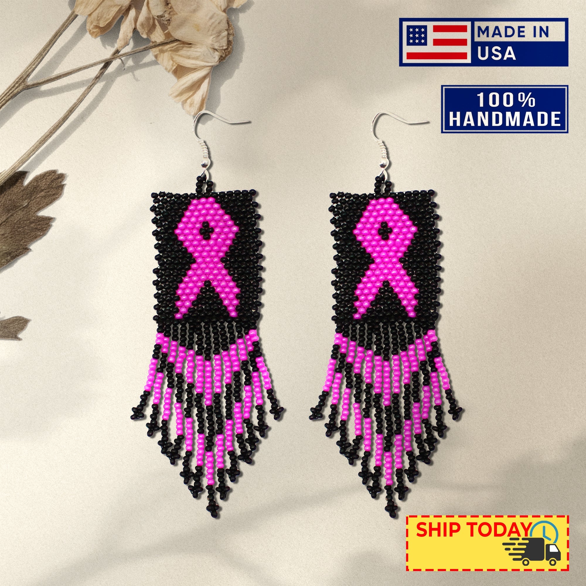 SALE 30% OFF - Black Pink Breast Cancer Awareness Beaded Handmade Earrings For Women