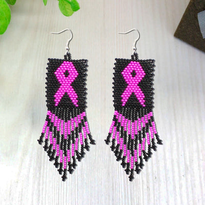 SALE 30% OFF - Black Pink Breast Cancer Awareness Beaded Handmade Earrings For Women