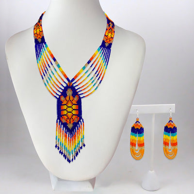 SALE 50% OFF - Turtle Beadwork Blue Orange Beaded Lariat Necklace Earrings Set