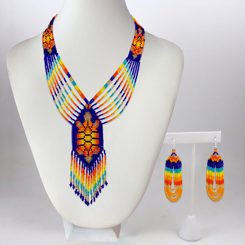 SALE 50% OFF - Turtle Beadwork Blue Orange Beaded Lariat Necklace Earrings Set