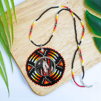 SALE 30% OFF - Native Flag Sunburst Handmade Glass Beaded Patch Necklace Pendant