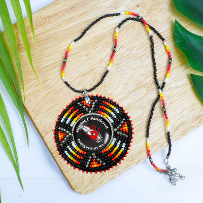 SALE 30% OFF - MMIW Red Hand Sunburst Beaded Patch Necklace Pendant Unisex With Native American Style