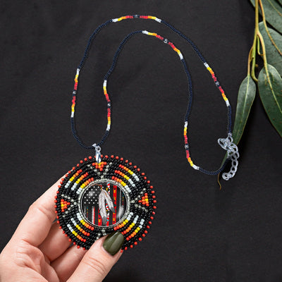 SALE 30% OFF - Native Flag Sunburst Handmade Beaded Wire Necklace Pendant Unisex With Native American Style