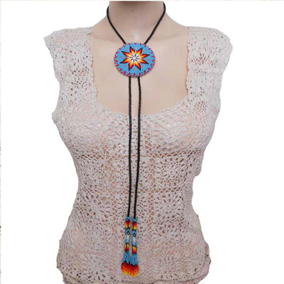 Turquoise Blue Seed Beaded Bolo Tie Handmade Star Beadwork WCS