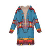 Native American Blue Pattern Horn Button Long Fleece Windbreaker WCS