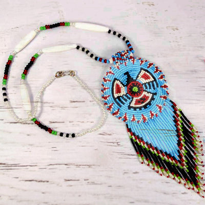 Turquoise Seed Beads Long Medallion Eagle Necklace Earrings Set WCS