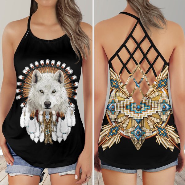 Native Wolf American Girl Yoga DreamCatcher AOP Criss-Cross Tank Top WCS