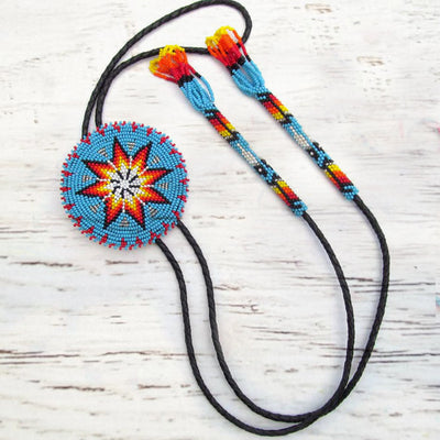 Turquoise Blue Seed Beaded Bolo Tie Handmade Star Beadwork WCS