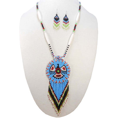 Turquoise Seed Beads Long Medallion Eagle Beaded Necklace Earrings Set WCS