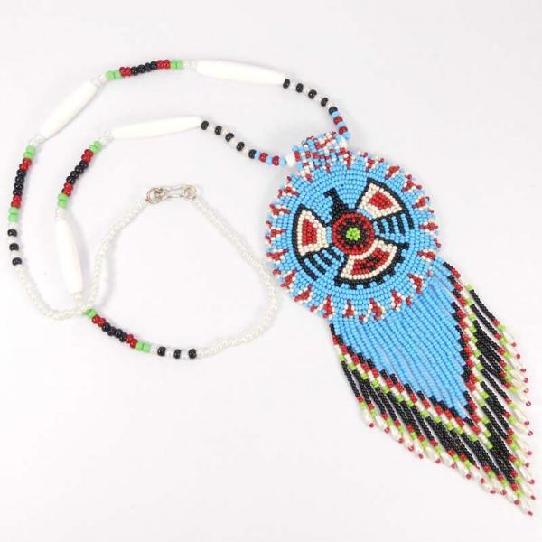 Turquoise Seed Beads Long Medallion Eagle Beaded Necklace Earrings Set WCS