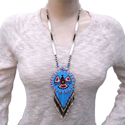 Turquoise Seed Beads Long Medallion Eagle Necklace Earrings Set WCS