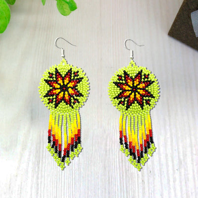 SALE 30% OFF - Green Fire Color Flower Round Beaded Handmade Earrings For Women