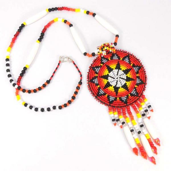 Red Seed Beads Long Medallion Star Fire Color Beaded Necklace Earrings Set WCS