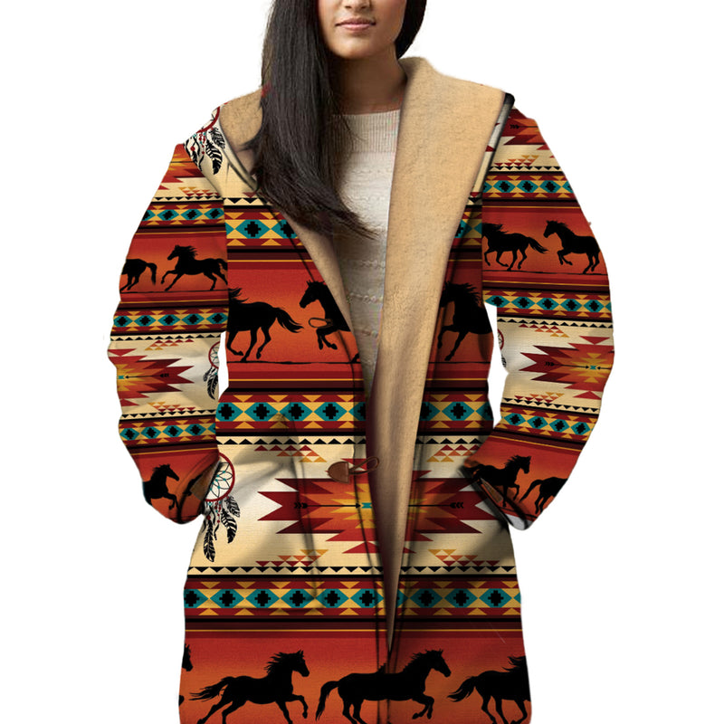 Native American Horses Pattern Horn Button Long Fleece Windbreaker WCS