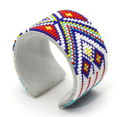 White Red Blue Geometric pattern handmade beaded cuff WCS