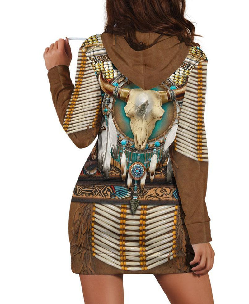 Brown Native Buffalo Skull Hoodie Dress WCS