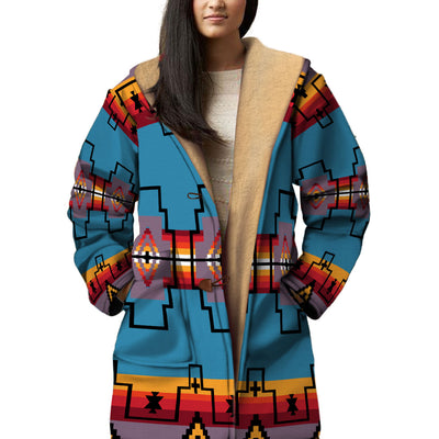 Native American Blue Pattern Horn Button Long Fleece Windbreaker WCS