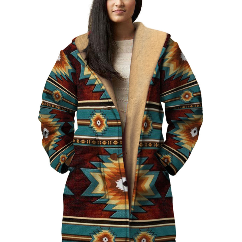 Native American Pattern Horn Button Long Fleece Windbreaker WCS