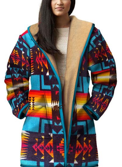 Native American Culture Pattern Horn Button Long Fleece Windbreaker WCS