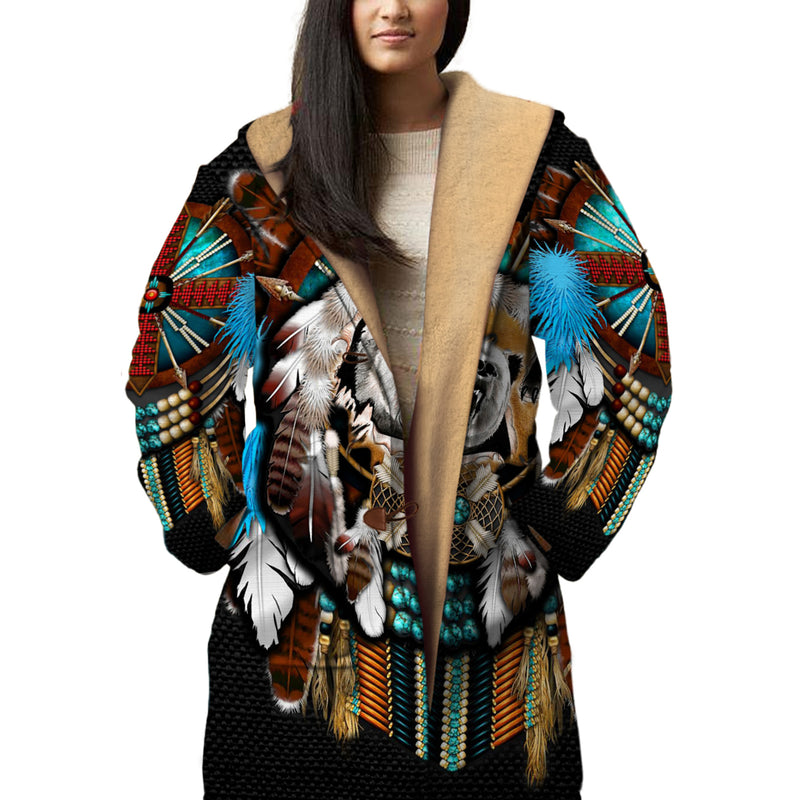 Native American Bear Dreamcatcher Horn Button Long Fleece Windbreaker WCS