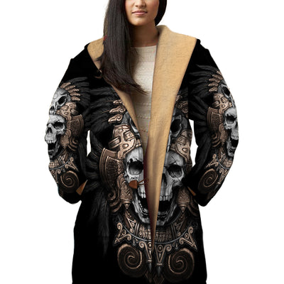 Skull & Black Feather Horn Button Long Fleece Windbreaker WCS