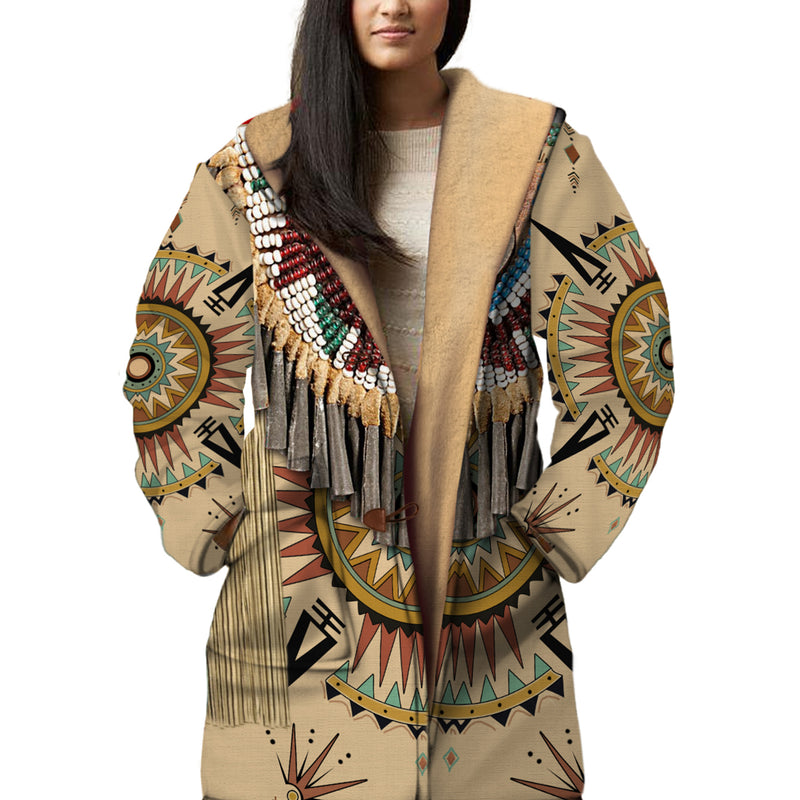 Native American Pattern Horn Button Long Fleece Windbreaker WCS