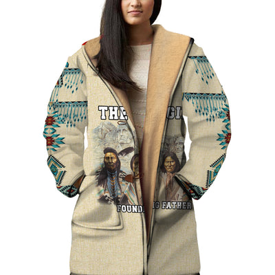 Turiquoise Native Indian Pattern Feather Horn Button Long Fleece Windbreaker WCS