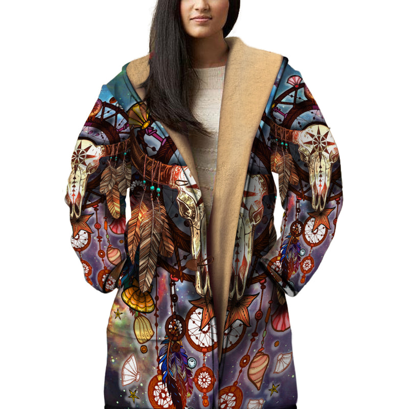 Buffalo Skull Dreamcatcher Horn Button Long Fleece Windbreaker WCS