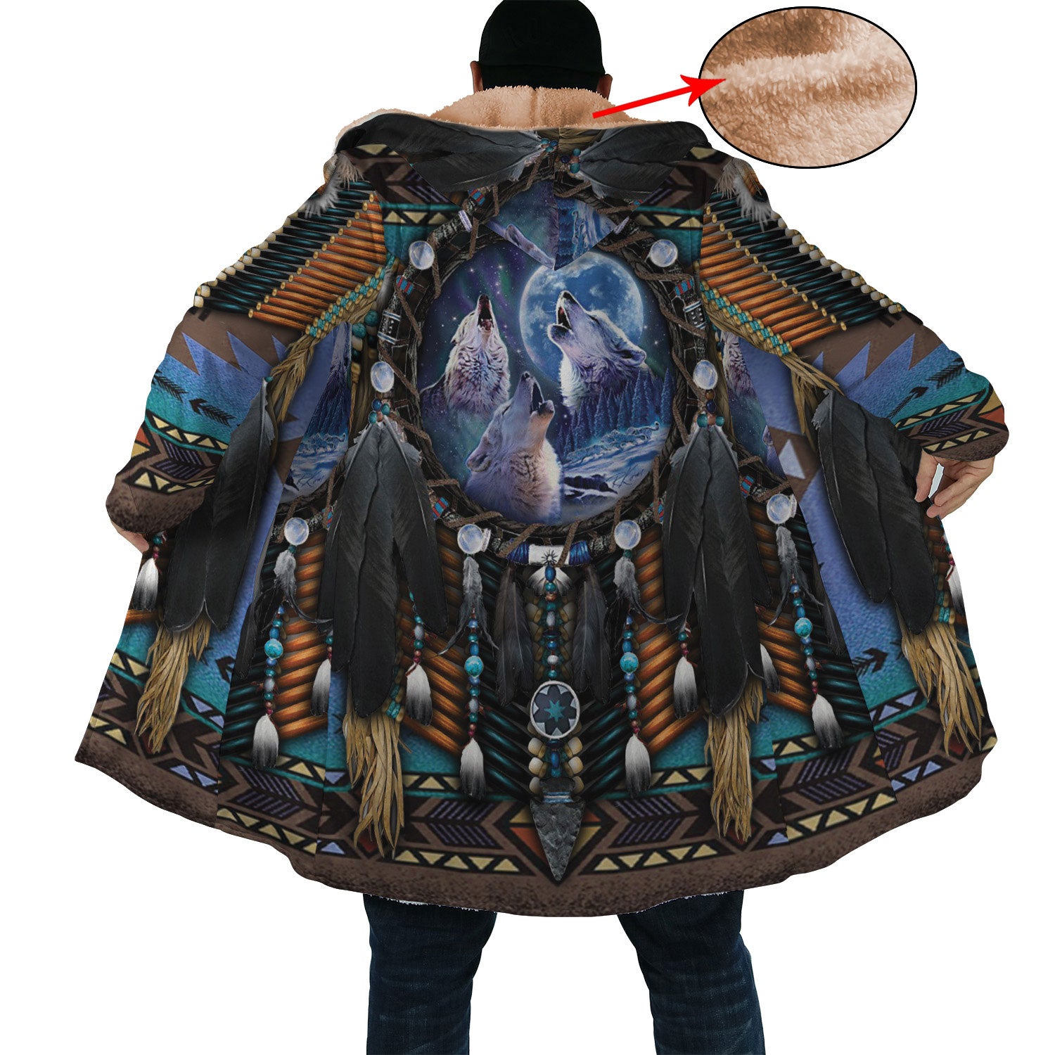 Howling Wolf Dreamcatcher Horn Button Long Fleece Windbreaker WCS