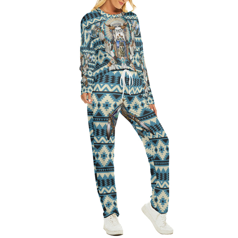 Native American Wolf Dreamcatcher Blue Pattern Women's Pajama Suit WCS