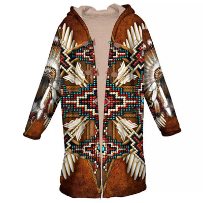 Native American Wolf Dreamcatcher Pattern Horn Button Long Fleece Windbreaker WCS