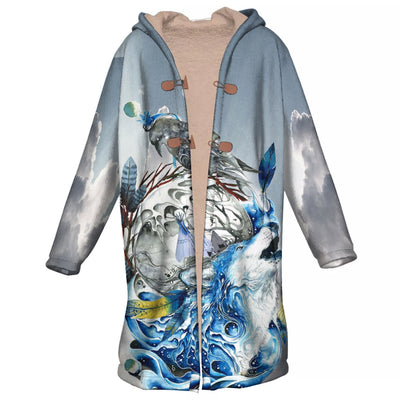 Wolf & Fish Water Art Horn Button Long Fleece Windbreaker WCS