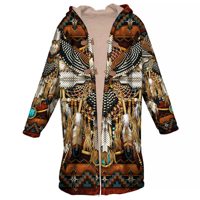 Native American Owl Pattern Horn Button Long Fleece Windbreaker WCS