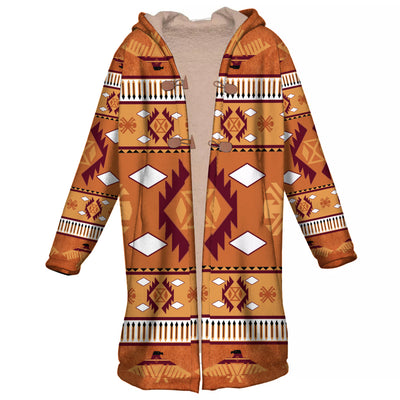 Native American Brown Pattern Horn Button Long Fleece Windbreaker WCS