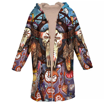 Buffalo Skull Dreamcatcher Horn Button Long Fleece Windbreaker WCS