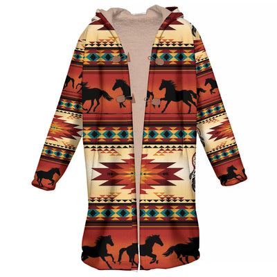 Native American Horses Pattern Horn Button Long Fleece Windbreaker WCS