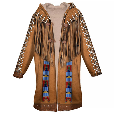 Native American Pattern Horn Button Long Fleece Windbreaker WCS