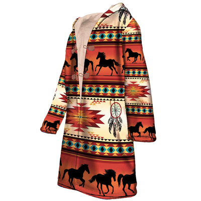 Native American Horses Pattern Horn Button Long Fleece Windbreaker WCS