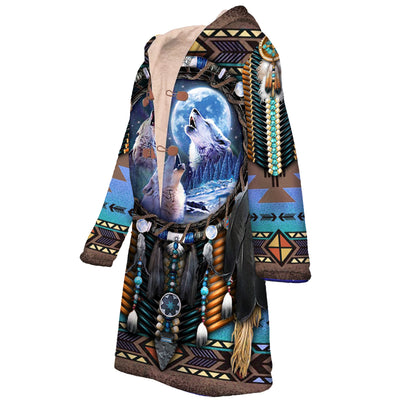 Howling Wolf Dreamcatcher Horn Button Long Fleece Windbreaker WCS