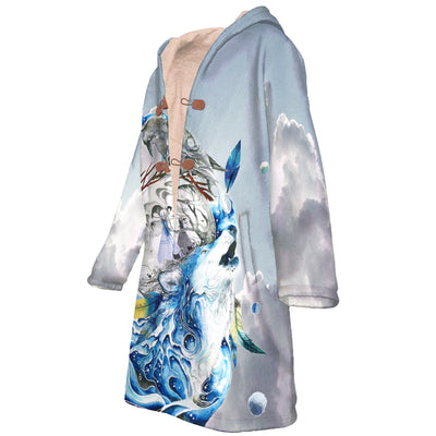 Wolf & Fish Water Art Horn Button Long Fleece Windbreaker WCS