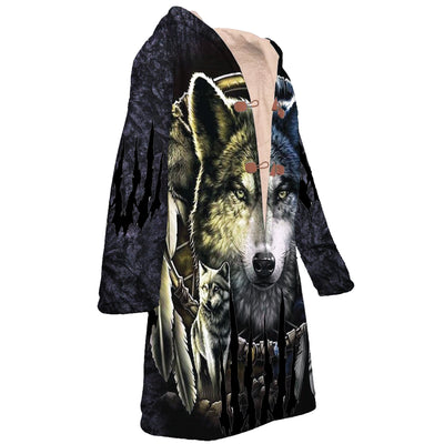 Native American Wolf Spirit Horn Button Long Fleece Windbreaker WCS