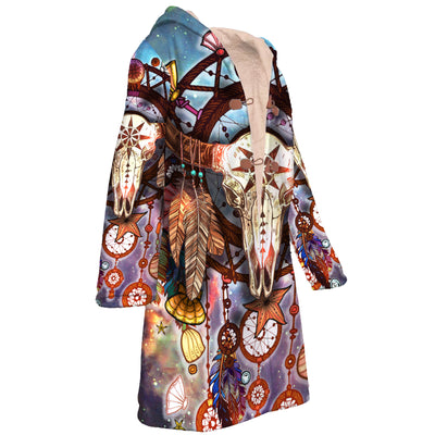 Buffalo Skull Dreamcatcher Horn Button Long Fleece Windbreaker WCS