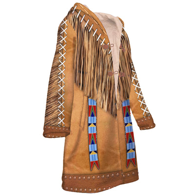 Native American Pattern Horn Button Long Fleece Windbreaker WCS