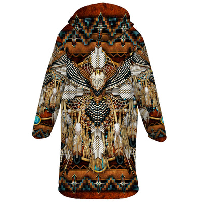 Native American Owl Pattern Horn Button Long Fleece Windbreaker WCS