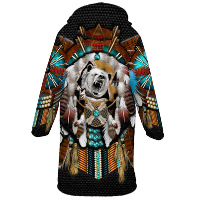 Native American Bear Dreamcatcher Horn Button Long Fleece Windbreaker WCS