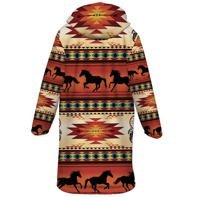 Native American Horses Pattern Horn Button Long Fleece Windbreaker WCS